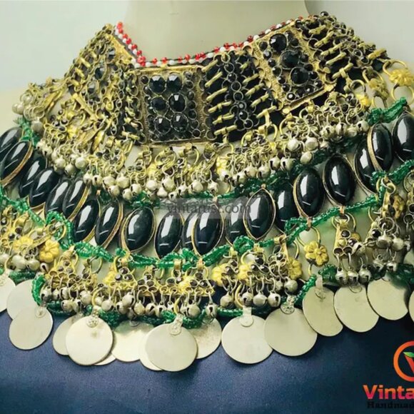 Black Gypsy Layered Choker Necklace, Handmade Necklace With Black Glass Stones - Picture 6 of 11